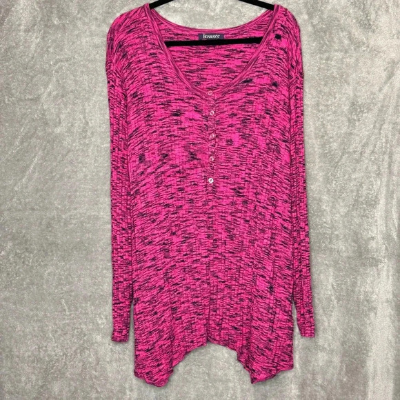 Roamans 3X Sweater Pink Black Striped Long Sleeve Henley Scoop Neck Asymmetrical - Picture 1 of 7